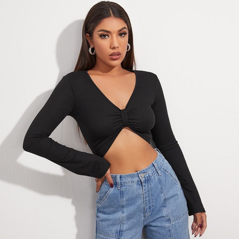 

Ruched Rib-knit Crop Tee, Black