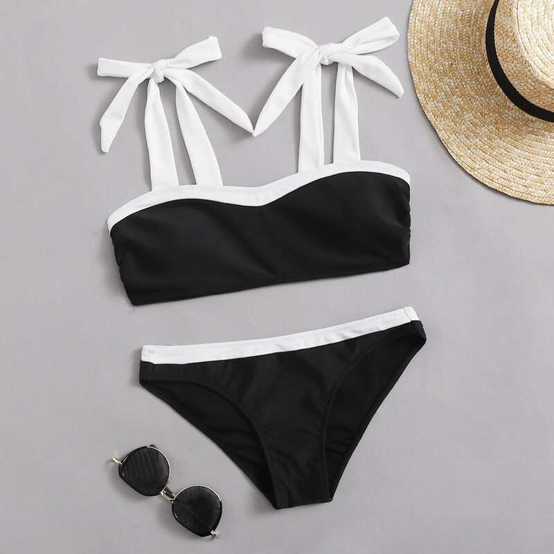 

Contrast Binding Tie Shoulder Bikini Swimsuit, Black and white