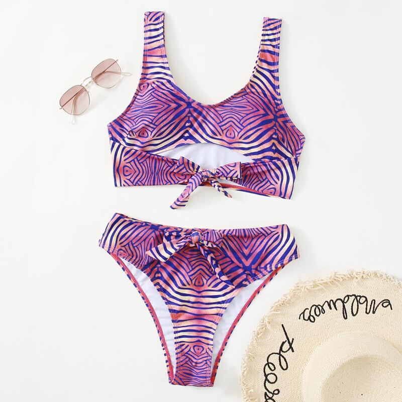 

Stripe Knot Front Bikini Swimsuit, Multicolor