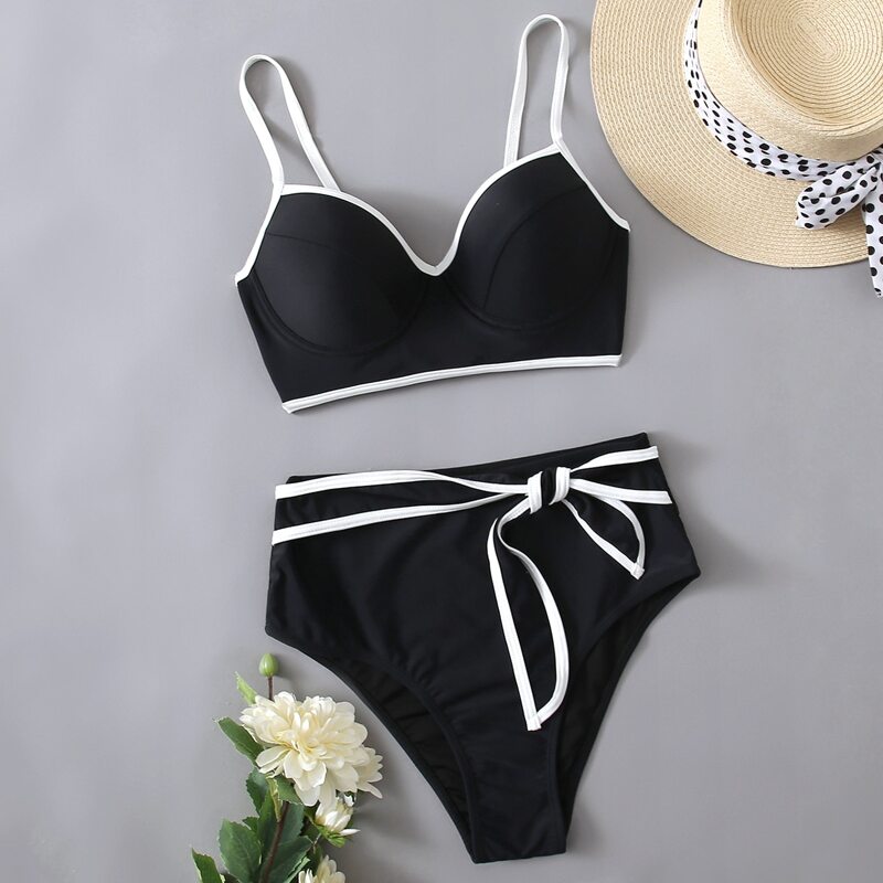 

Contrast Binding Underwire Knot Bikini Swimsuit, Black