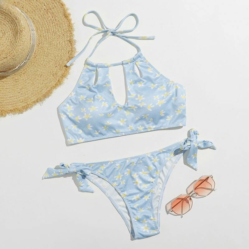 

Ditsy Floral Knot Bikini Swimsuit, Baby blue