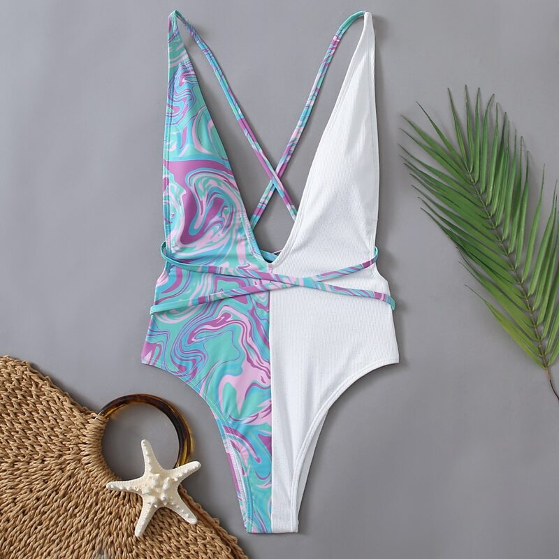 

Graphic Spliced Plunging One Piece Swimsuit, Blue and white