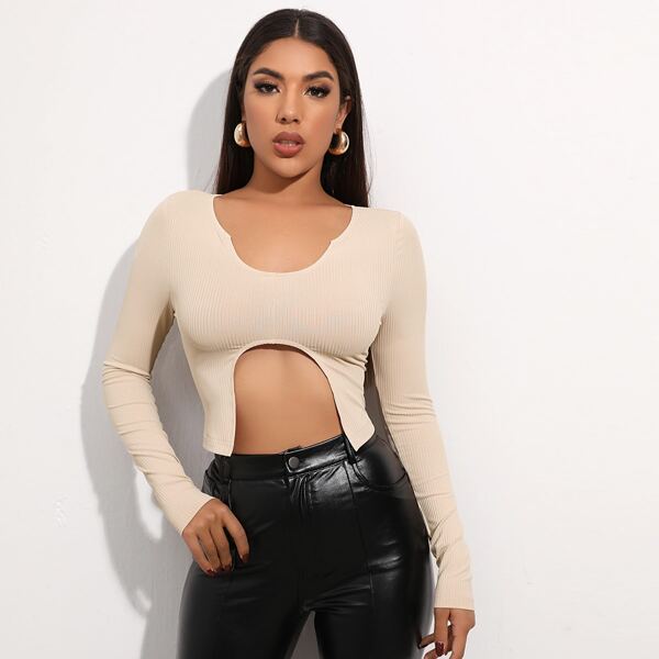

Notch Neck Asymmetrical Hem Rib-knit Tee, Beige