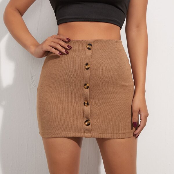 

Button Front Rib-knit Bodycon Skirt, Camel