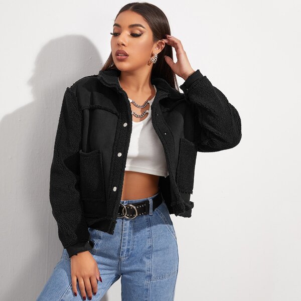 

Button Front Patch Pocket Teddy Jacket, Black