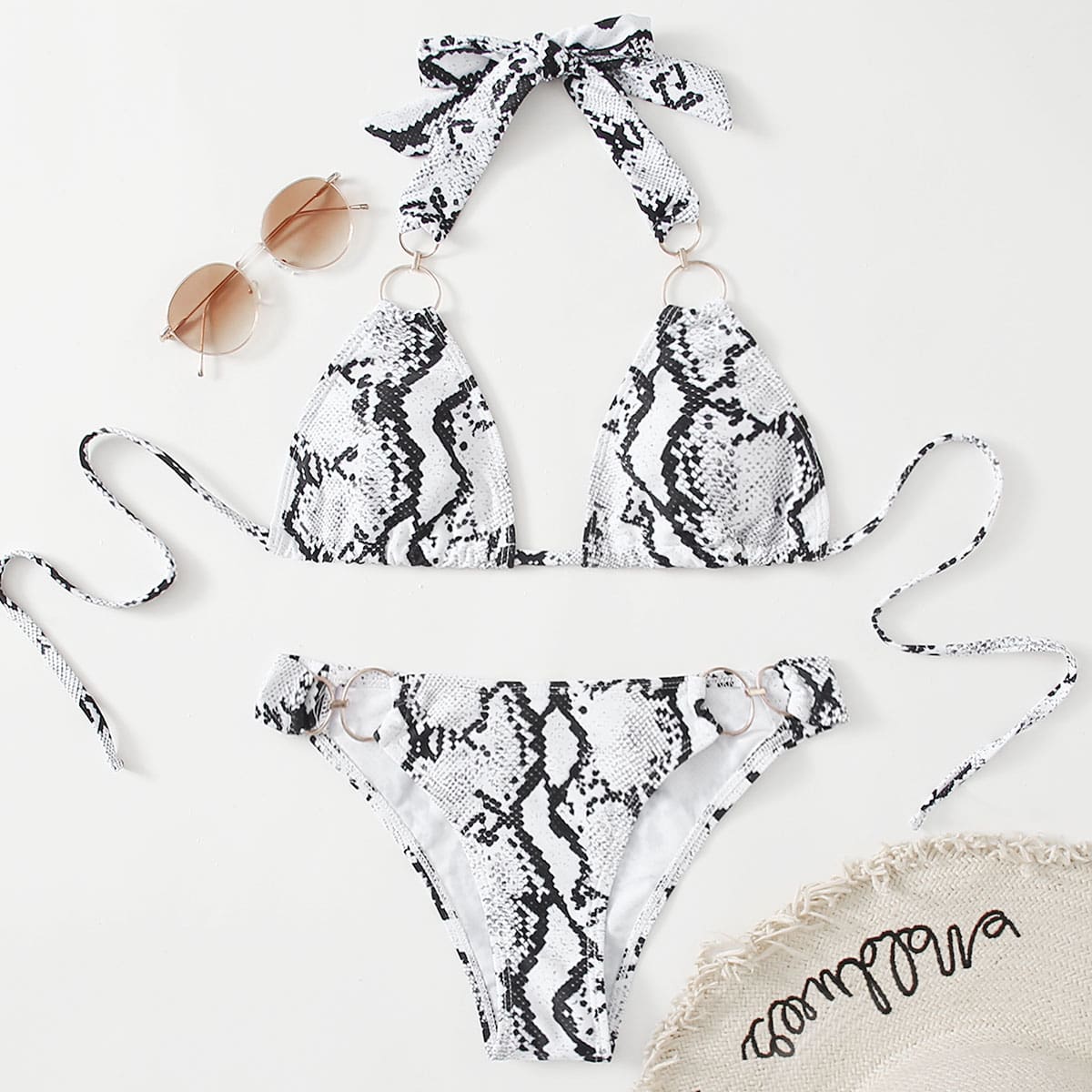

Snakeskin Print Ring Linked Bikini Swimsuit, Black and white