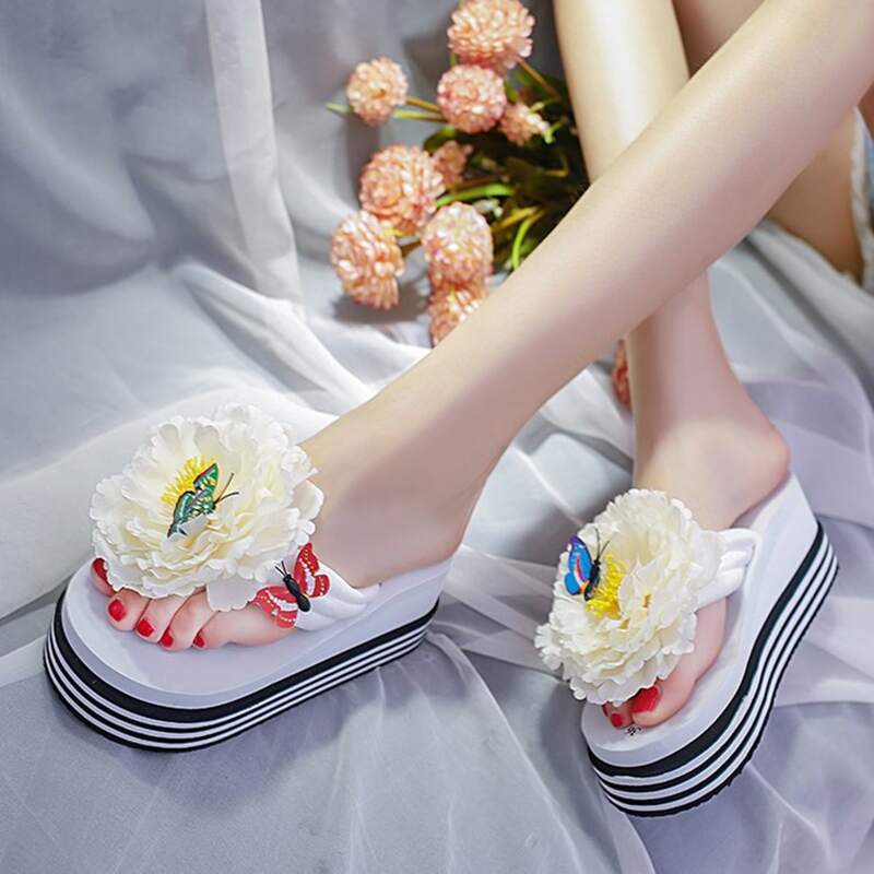 

Butterfly & Floral Platform Flip Flops, White