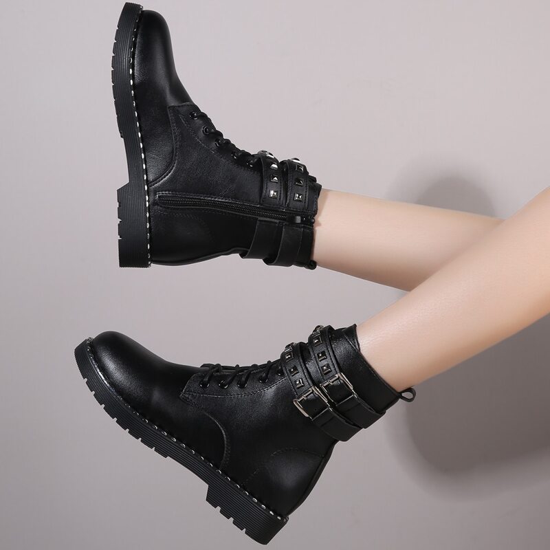 

Buckle Decor Lace-up Combat Boots, Black