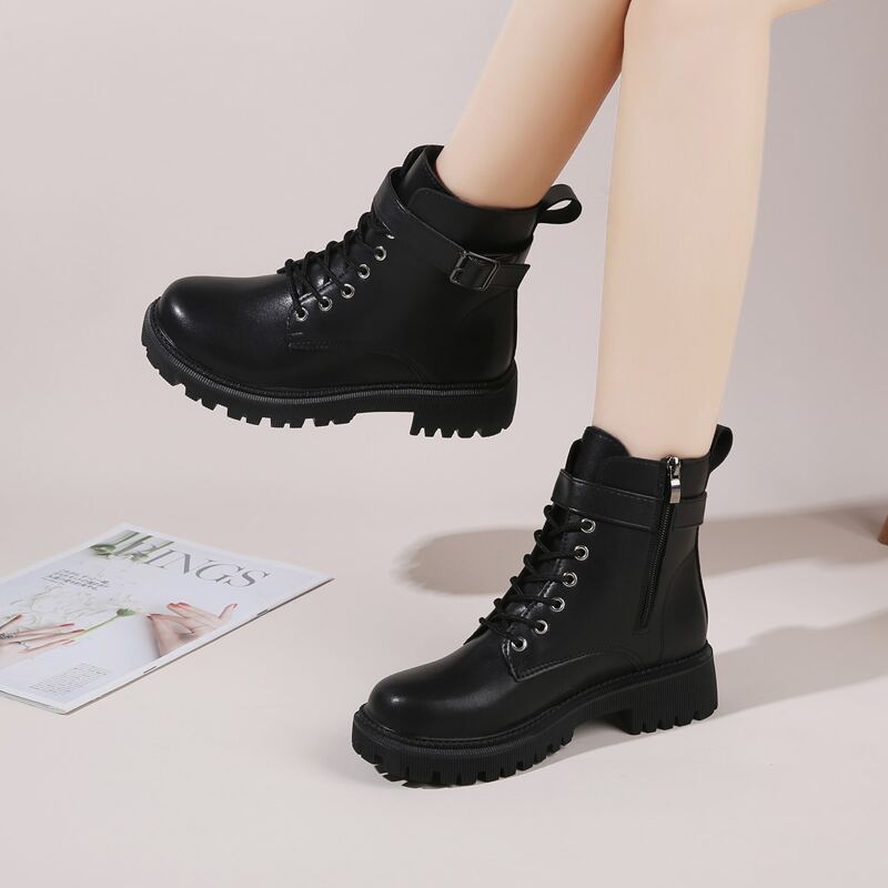 

Buckle Decor Lace-up Combat Boots, Black