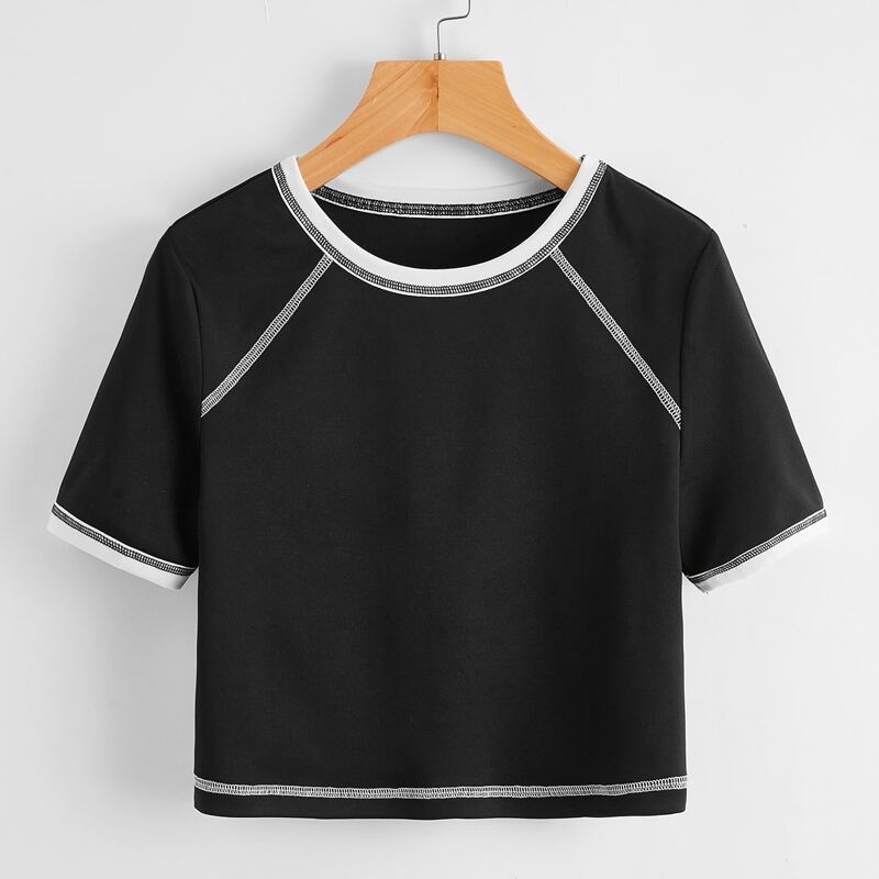 

Contrast Stitching Crop Tee, Black