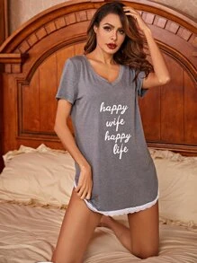 Contrast Lace Slogan Graphic Pajama Nightdress, Moo Moo Night Dress