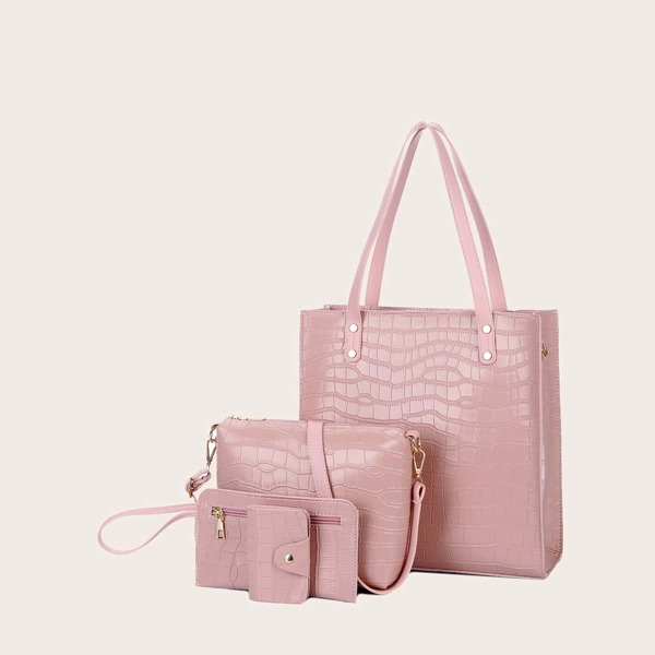 

4pcs Croc Embossed Tote Bag Set, Pink