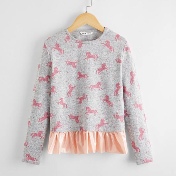 

Girls Unicorn Print Ruffle Hem Tee, Grey