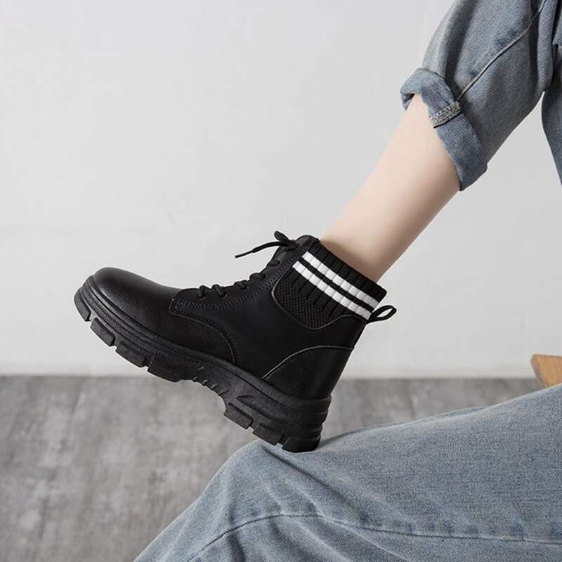 

Striped Lace-up Combat Boots, Black