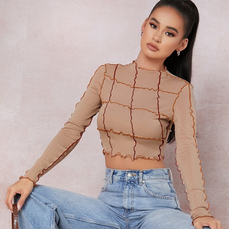 

Contrast Stitching Lettuce-Edge Crop Top, Apricot
