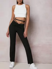 SHEIN Tie Back Drawstring Ruched Pants - Black - View 1