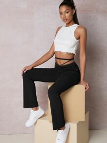 SHEIN Tie Back Drawstring Ruched Pants - Black - View 3