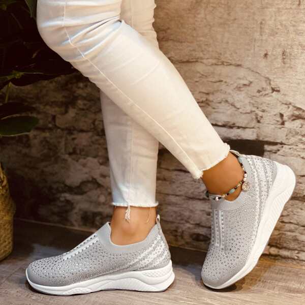 

Allover Rhinestone Decor Sneakers, Grey