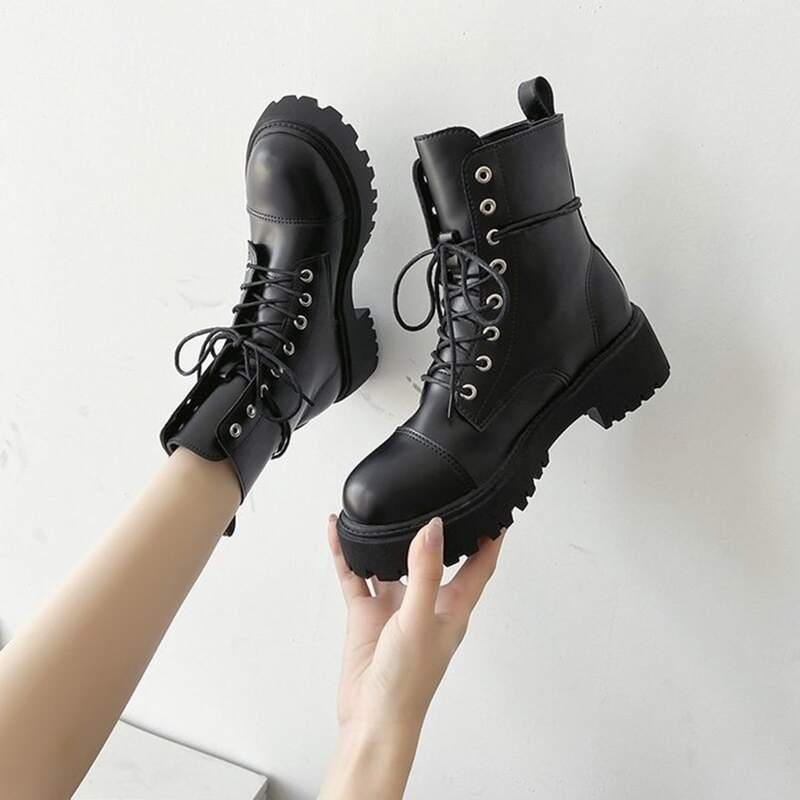 

Side Zip Lace-up Combat Boots, Black