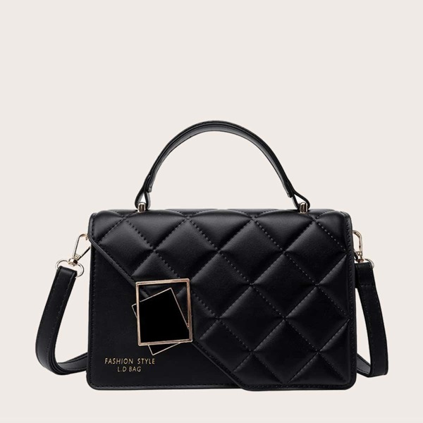 

Asymmetrical Quilted Satchel Bag, Black