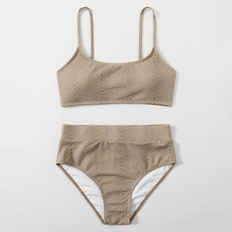 

Croc Pattern High Waisted Bikini Swimsuit, Coffee brown