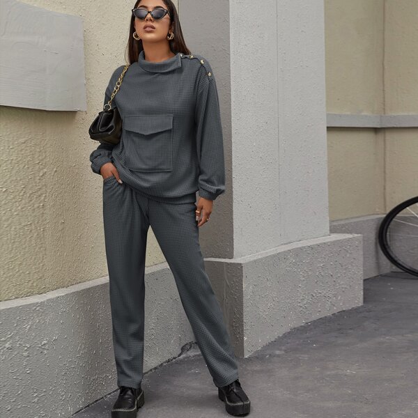 

Funnel Neck Flap Pocket Pullover & Pants Set, Dark grey