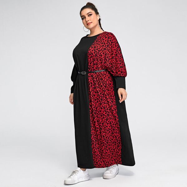 

Plus Batwing Sleeve Leopard Colorblock Self Belted Dress, Multicolor