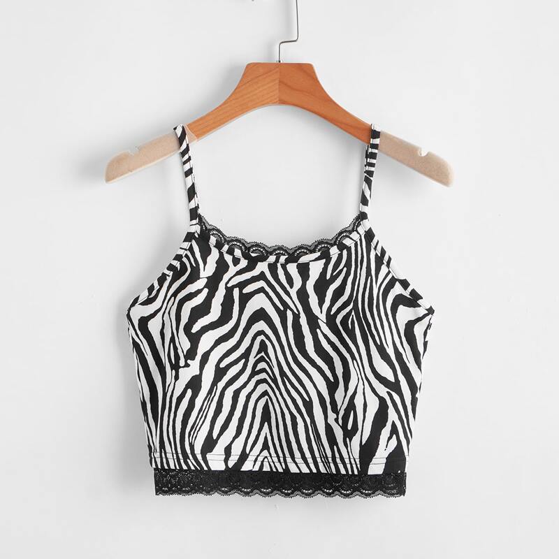 

Zebra Stripe Contrast Lace Crop Cami, Black
