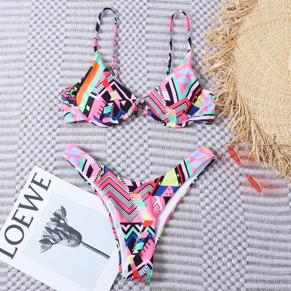 

Geo Print Underwire High Cut Bikini Swimsuit, Multicolor