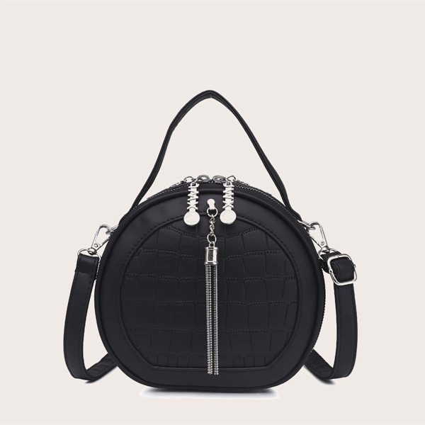 

Croc Embossed Tassel Decor Satchel Bag, Black