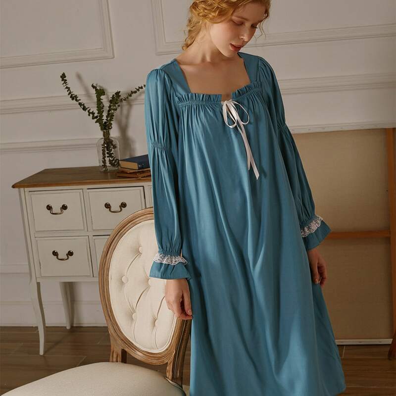 

Square Neck Frill Trimed Tie Front Night Dress, Teal blue
