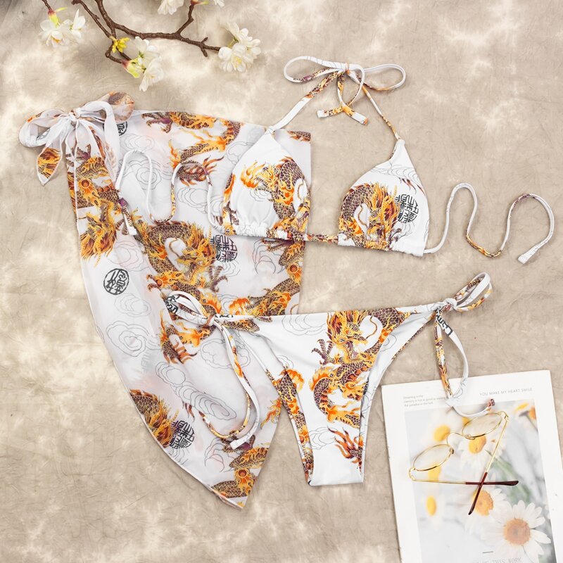 

3pack Chinese Dragon Pattern Bikini Swimsuit & Cover Up, White