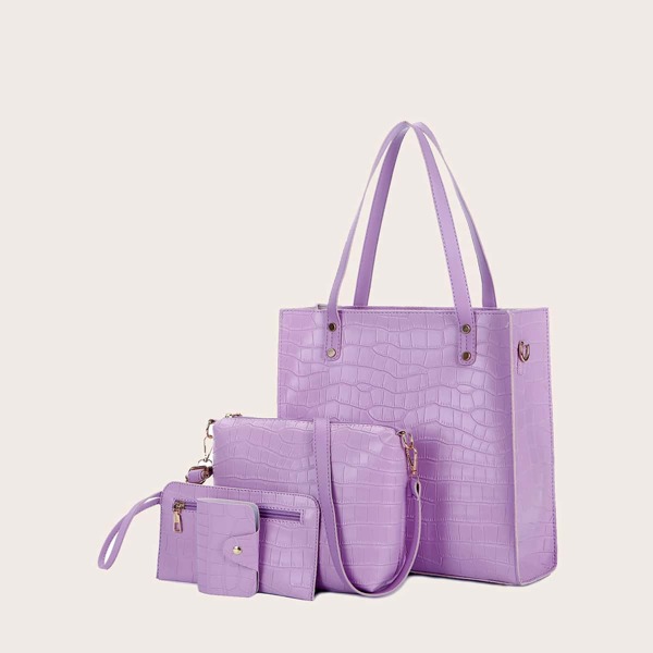 

4pcs Croc Embossed Tote Bag Set, Purple