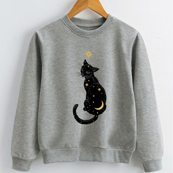 

Girls Cat & Moon Print Sweatshirt, Grey