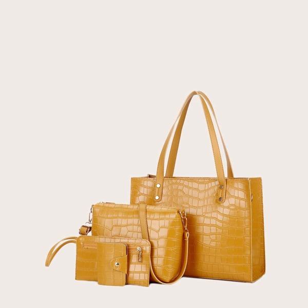 

4pcs Croc Embossed Studded Decor Tote Bag Set, Yellow