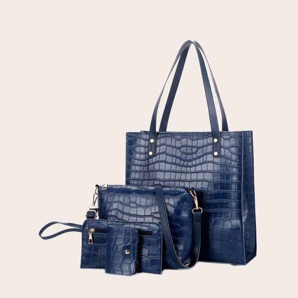 

4pcs Croc Embossed Tote Bag Set, Blue