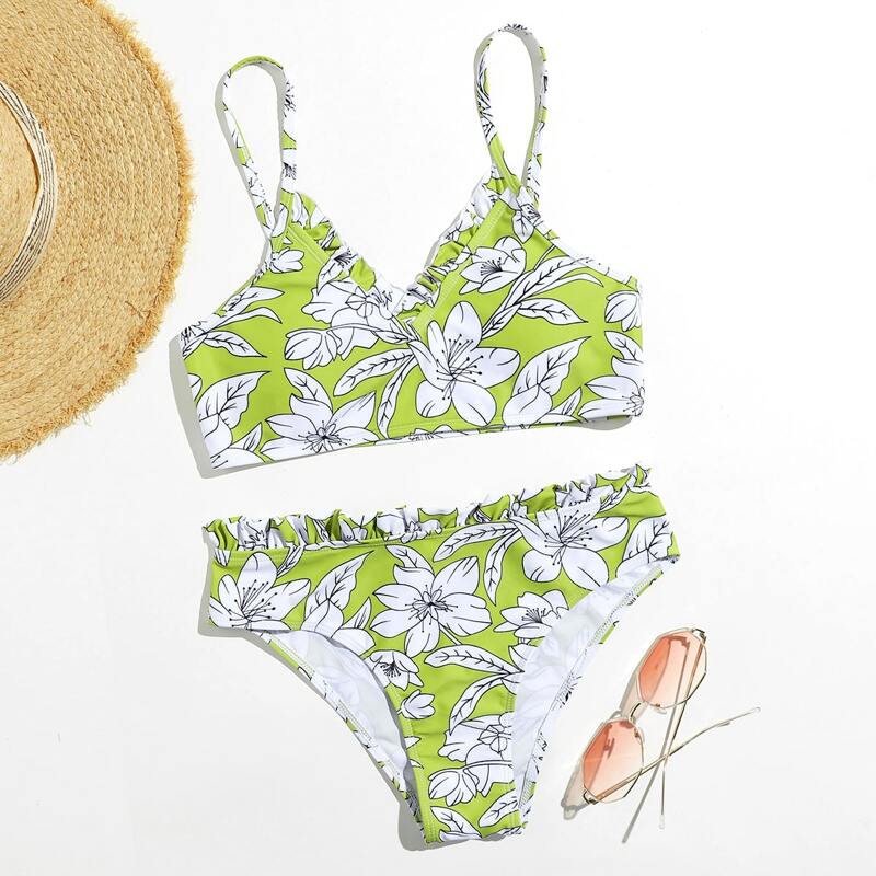 

Floral Frill Trim Bikini Swimsuit, Green