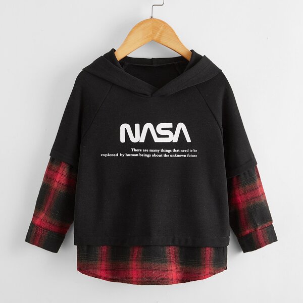 

Toddler Boys Slogan Graphic Tartan Combo Hoodie, Black