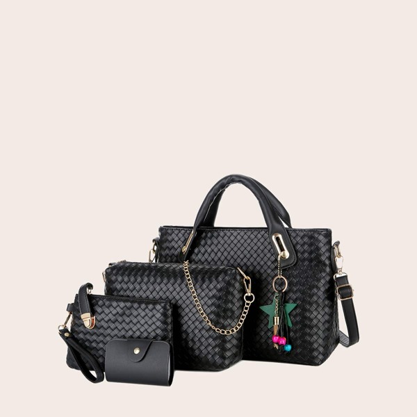 

4pcs Beaded Decor Braided Embossed Tote Bag Set, Black