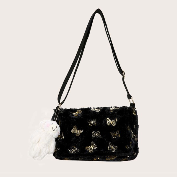 

Butterfly Graphic Fluffy Crossbody Bag, Black