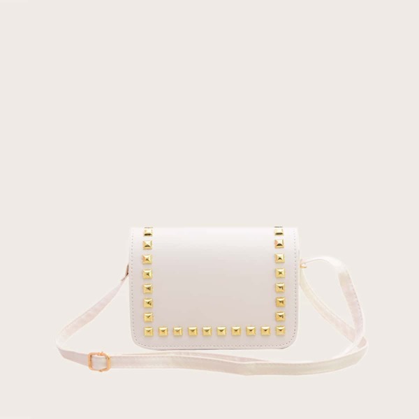 

Studded Decor Flap Square Bag, White