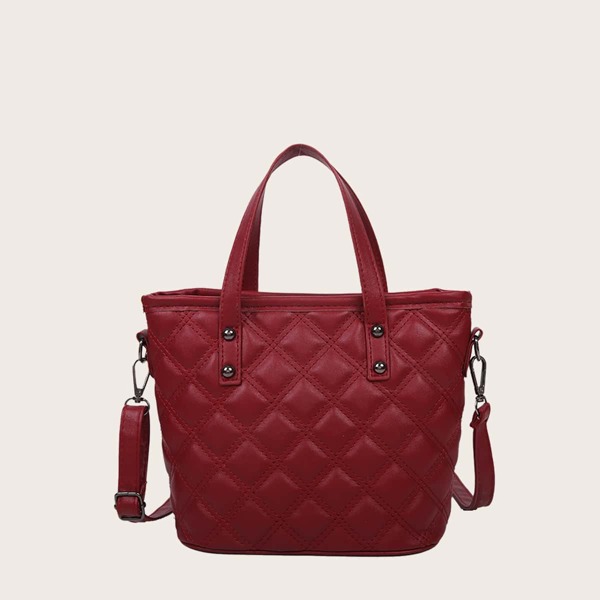 

Studded Decor Quilted Bucket Bag, Red