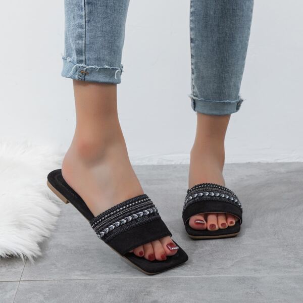 

Faux Pearl & Sequin Decor Suede Slide Sandals, Black
