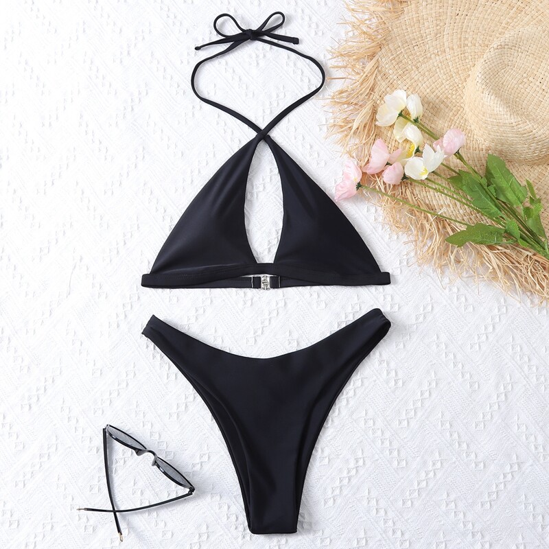 

Solid Cut-out High Leg Bikini Swimsuit, Black
