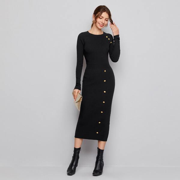 

Button Front Rib-knit Sweater Dress, Black