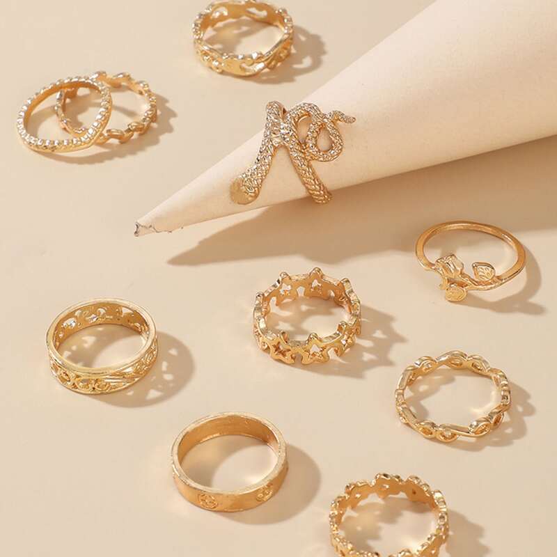 

10pcs Snake & Floral Ring Set, Gold