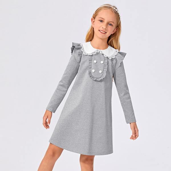 

Girls Contrast Guipure Lace Trim Peter-pan-collar Ruffle Dress, Grey