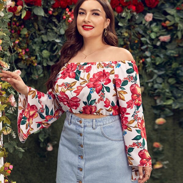 

Plus Allover Floral Print Bardot Top, Multicolor