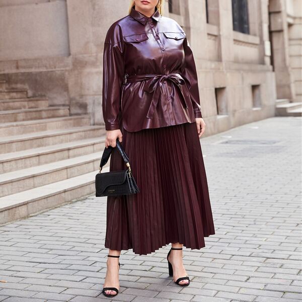 

Plus Flap Detail PU Leather Blouse and Pleated Skirt Set, Maroon