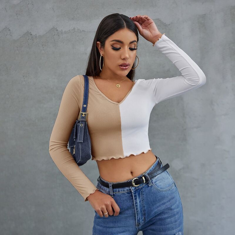

Lettuce Trim Rib-knit Colorblock Crop Tee, Apricot